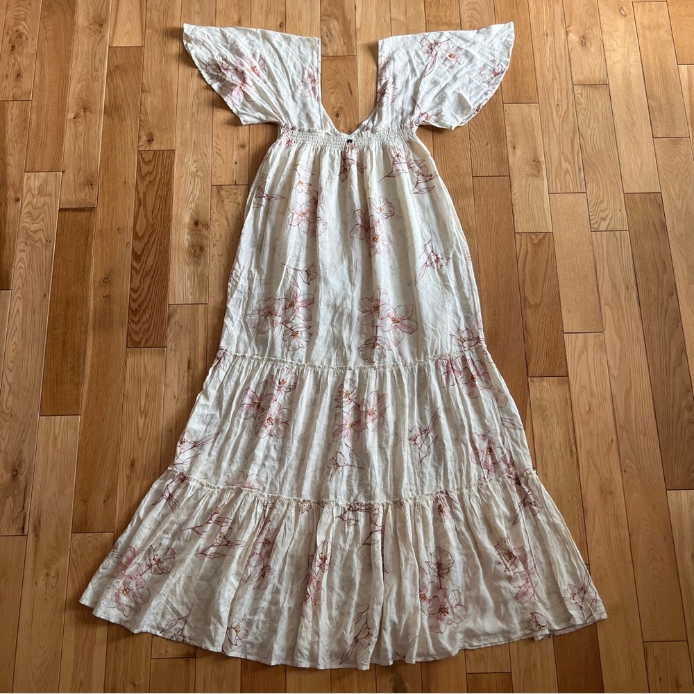 Billabong Seas the Day Ivory Floral Maxi V Neck Flutter Sleeve Tiered Dress Med - Picture 8 of 11
